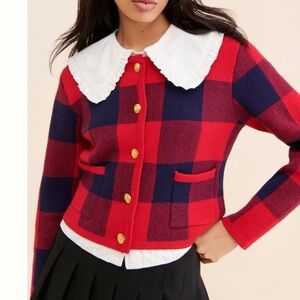 English Factory Red and Blue Plaid Cardigan